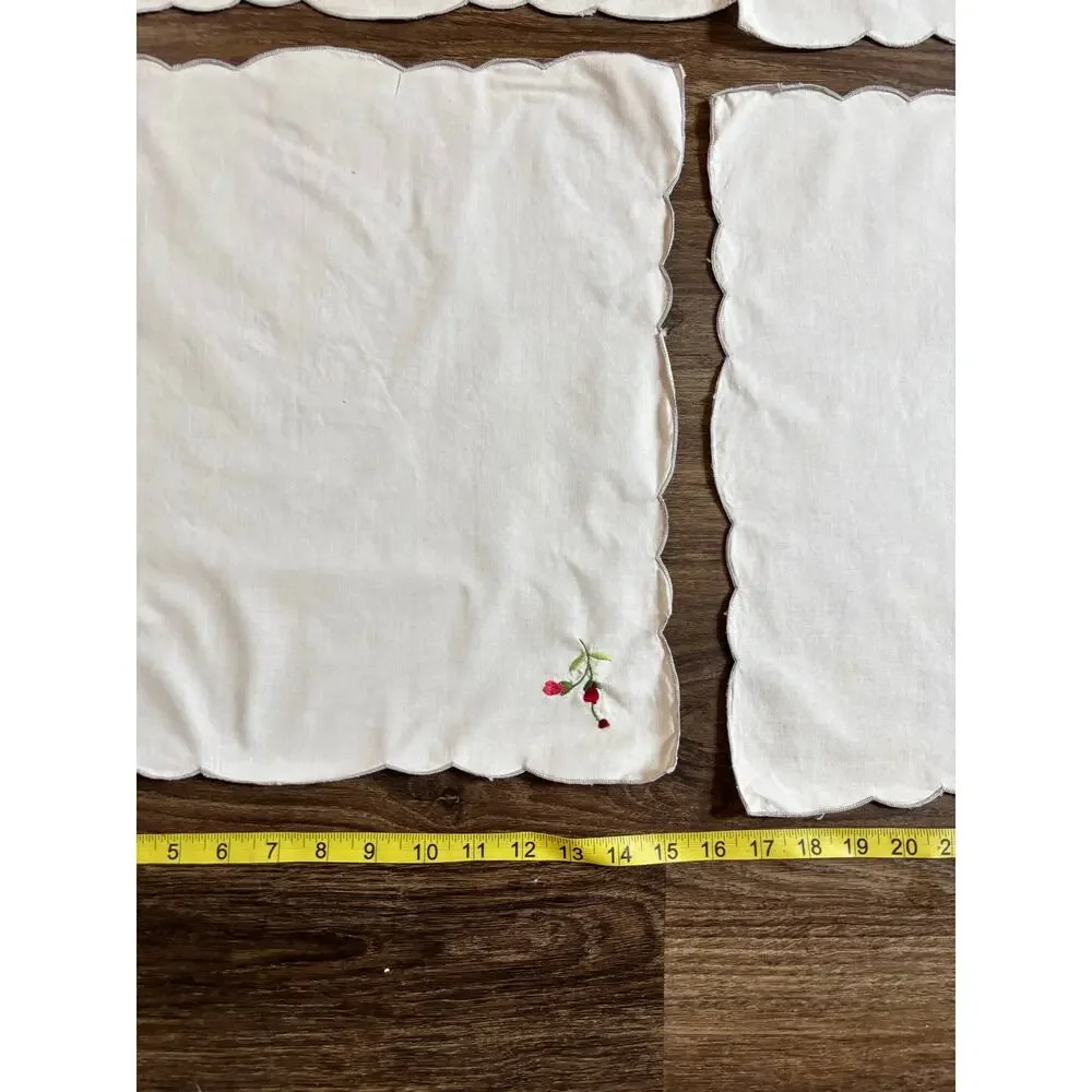 Vintage 5pc Cloth Napkins White Cotton Red Floral Rose Embroidery AS IS 15